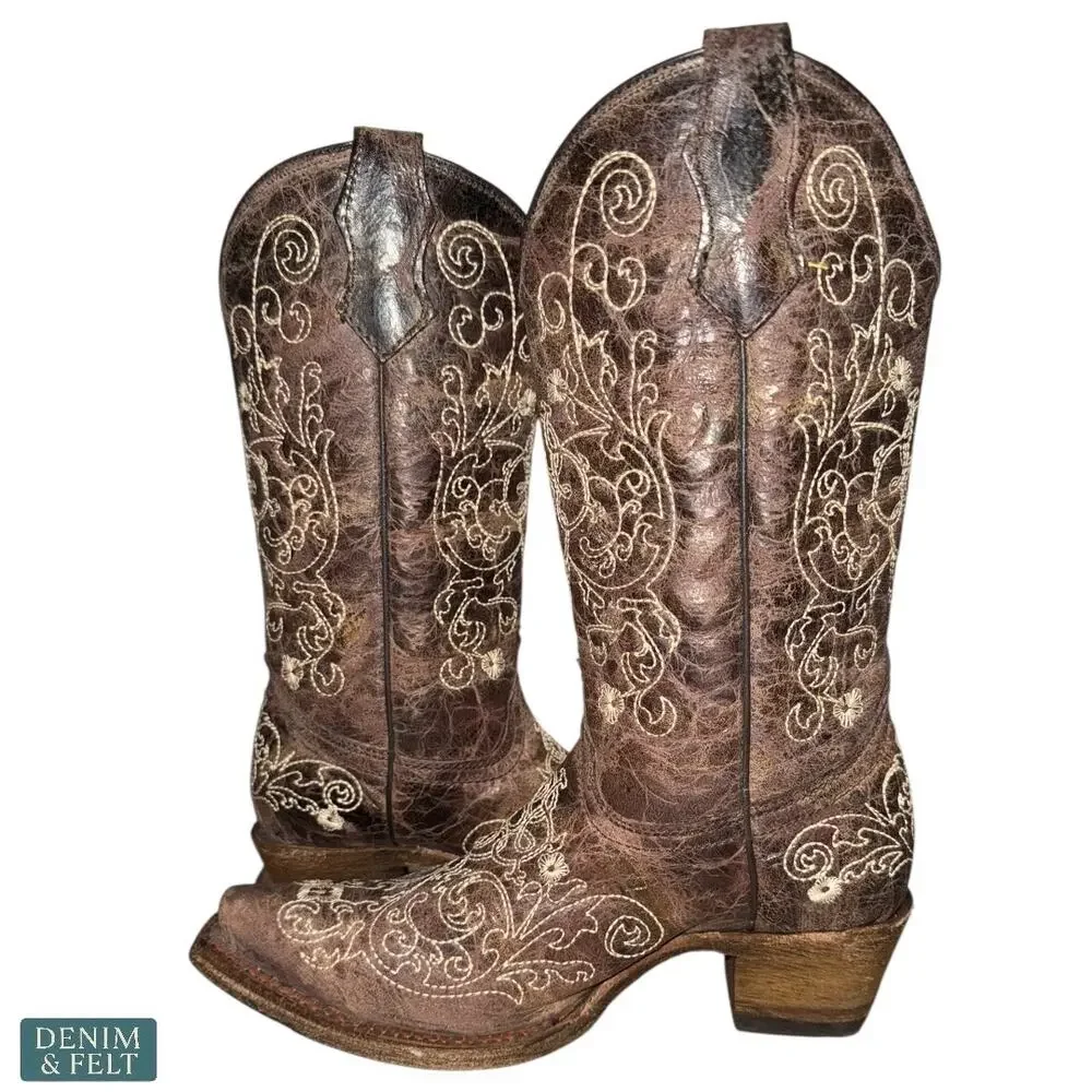 Corral‎ Youth Embroidered Snip Toe Cowboy Western Boots Cowhide Leather Size 3.5